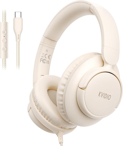 USB C Wired Over Ear Headphones for School with Mic, Volume Control, Beige