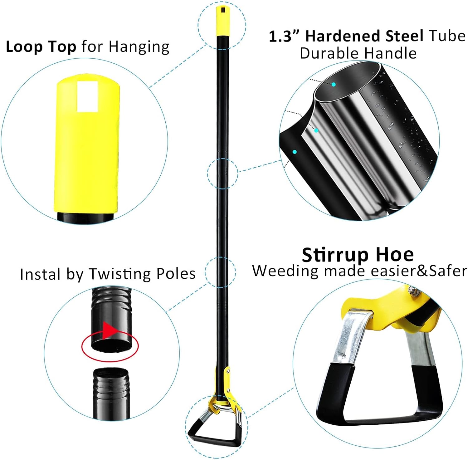 DonSail Hoe Garden Tool - Scuffle Garden Hoes for Weeding Gardening Long Handle Heavy Duty - Adjustable Weeding Loop Stirrup Hoe 30-43 Inch Black