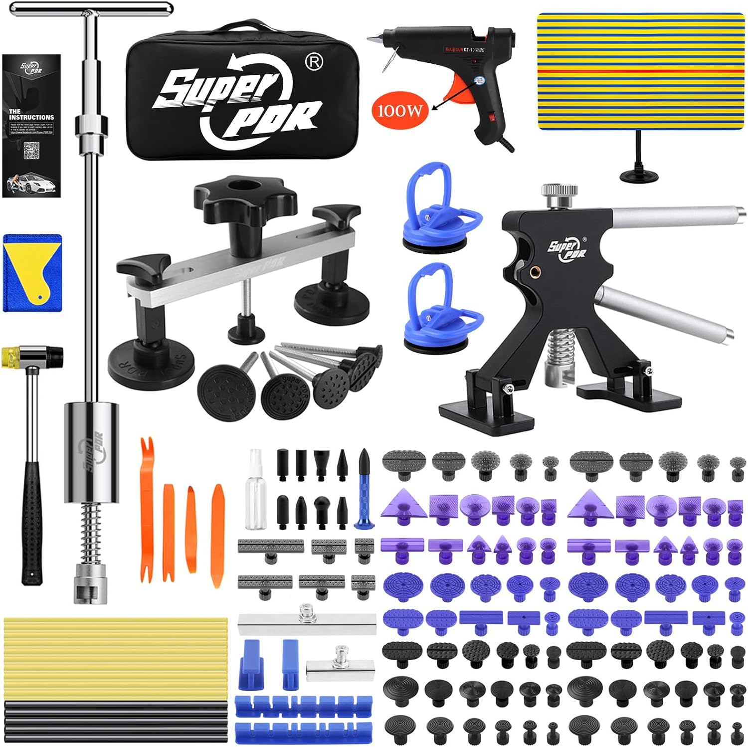 Super PDR 169PCS Dent Puller Kit Paintless Removal Set with 100W Glue Gun and Slide Hammer - for Repairing Car Dents Hail Damage and Door Dings on Auto Body Surface Washing Machine Fridge