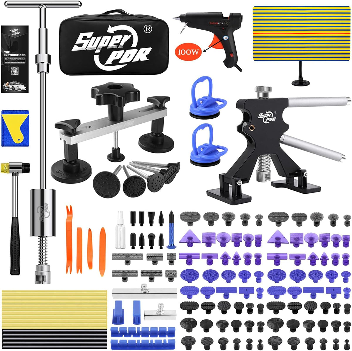 Super PDR 169PCS Dent Puller Kit Paintless Removal Set with 100W Glue Gun and Slide Hammer - for Repairing Car Dents Hail Damage and Door Dings on Auto Body Surface Washing Machine Fridge