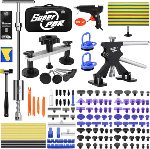 Super PDR 169PCS Dent Puller Kit Paintless Removal Set with 100W Glue Gun and Slide Hammer - for Repairing Car Dents Hail Damage and Door Dings on Auto Body Surface Washing Machine Fridge
