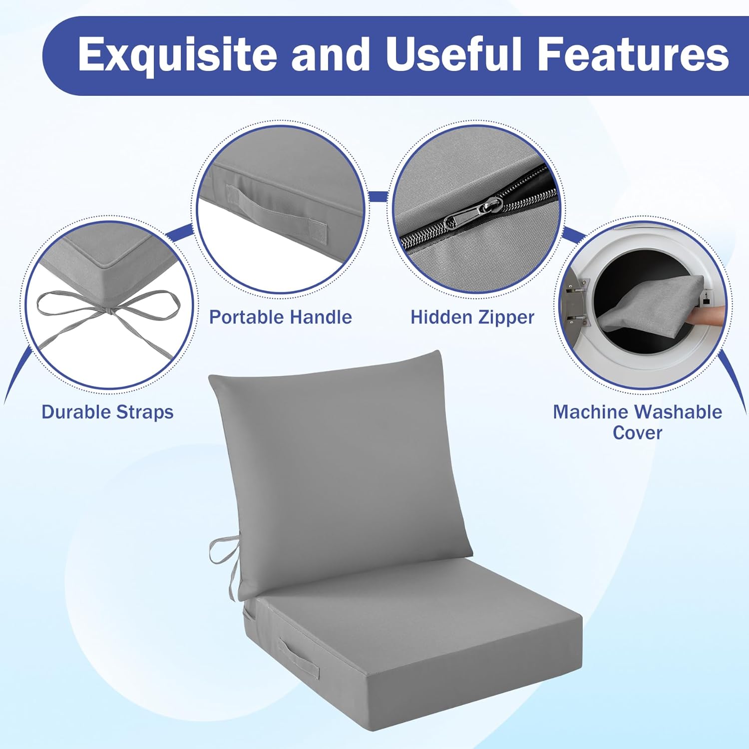 Outdoor Chair Cushions, 24 x 24 Inch Outdoor Cushion for Patio Furniture, Patio Chair Cushion, Waterproof & Fade Resistant Deep Patio Furniture Cushions Set with Handle and Ties, Grey (Set of 6)
