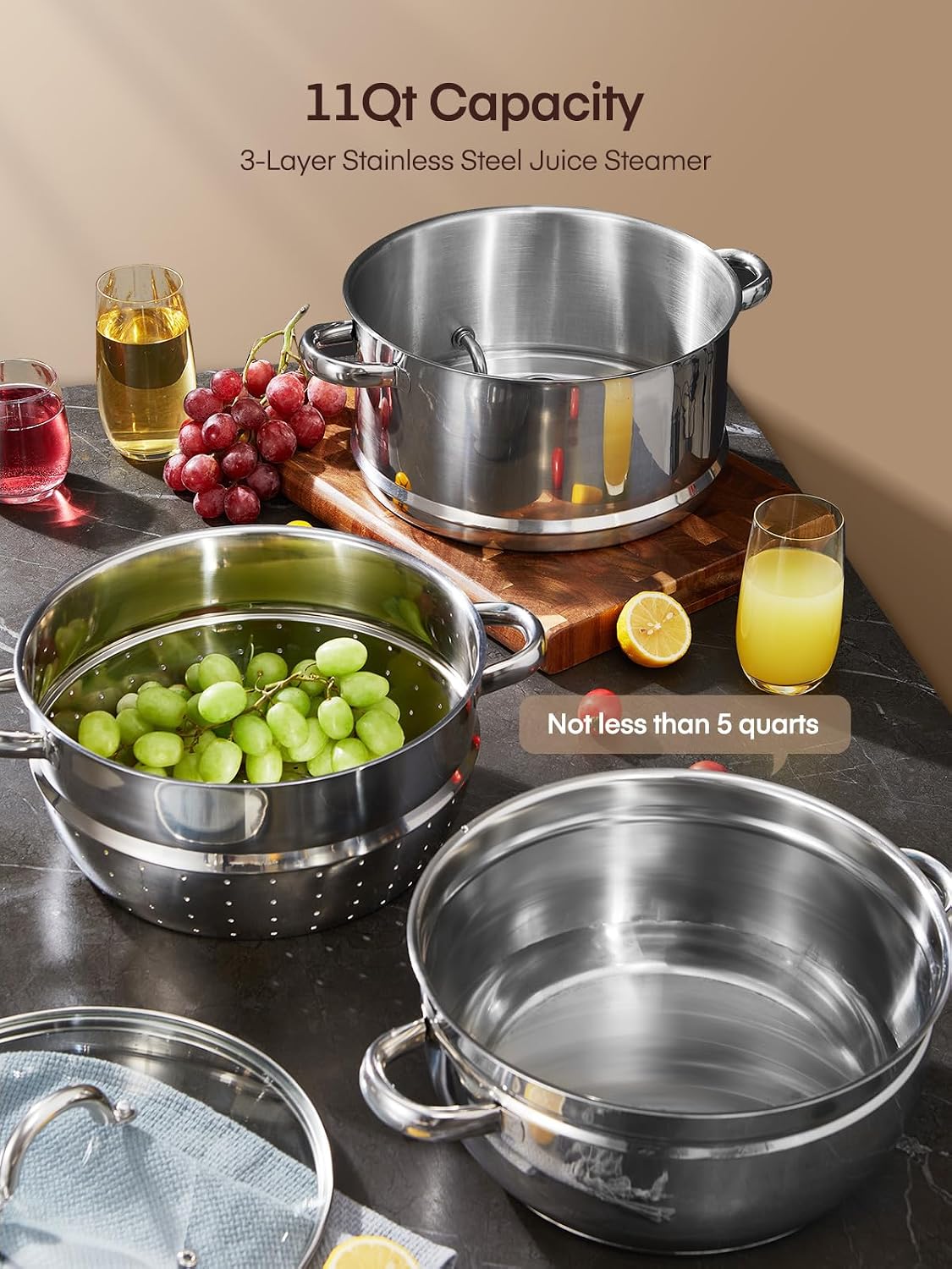 FOHERE 11Qt Steam Juicer Extractor Stainless Steel, Juice Steamer Pot for Fruit & Vegetables with Glass Lid, Hose, Clamp, Loop Handles, Ideal for Making Fresh Juice, Jelly, and Sauces