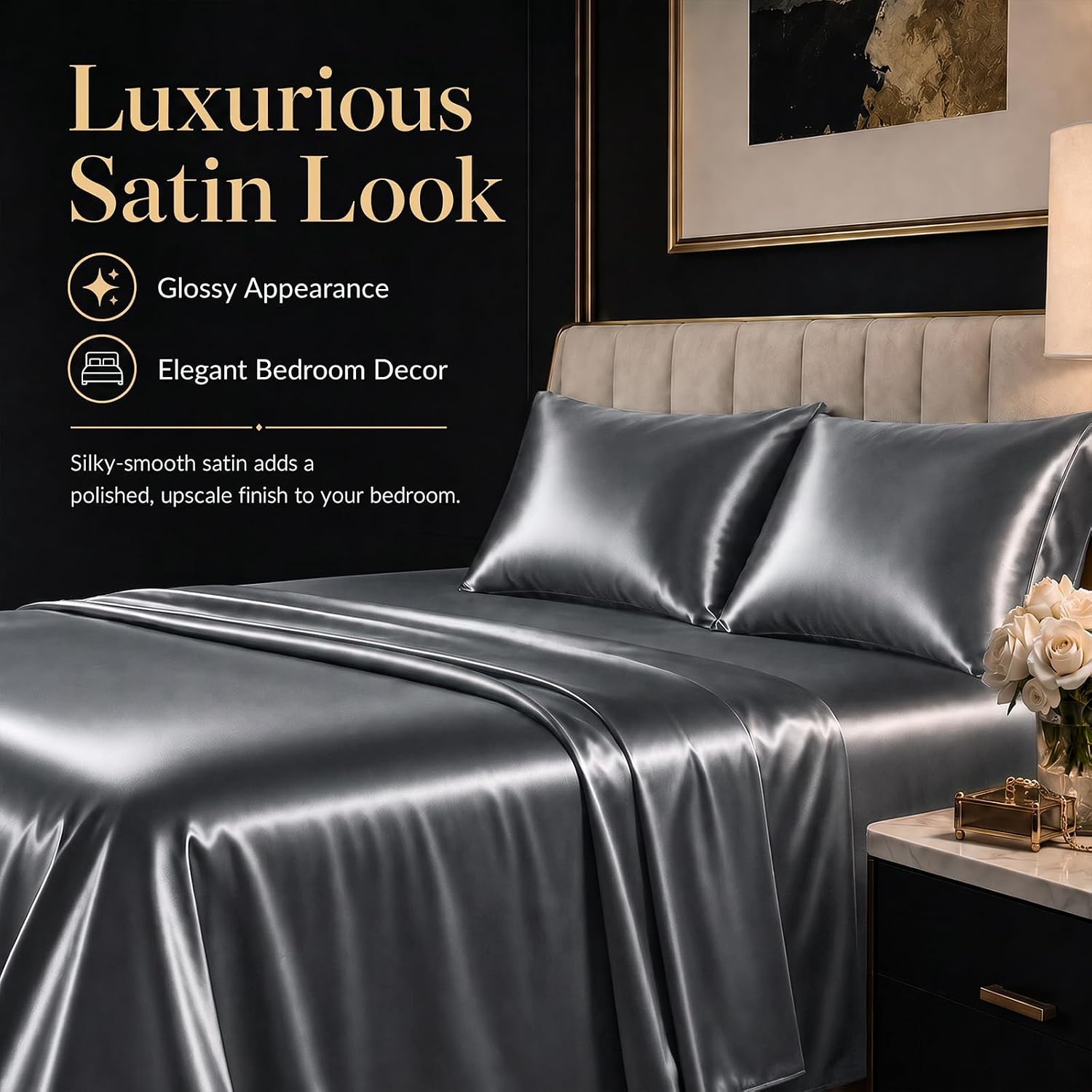 CozyLux Queen Satin Sheets, Fits Mattresses up to 14 Inches, 4-Piece