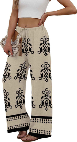 Sampeel Wide Leg Pants for Women Flowy Palazzo Drawstring Elastic Waist Trousers with Pockets Summer Beach Vacation Clothes