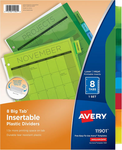 Avery Big Tab Insertable Plastic Dividers, 8-Tab, Multicolor, 1 Set