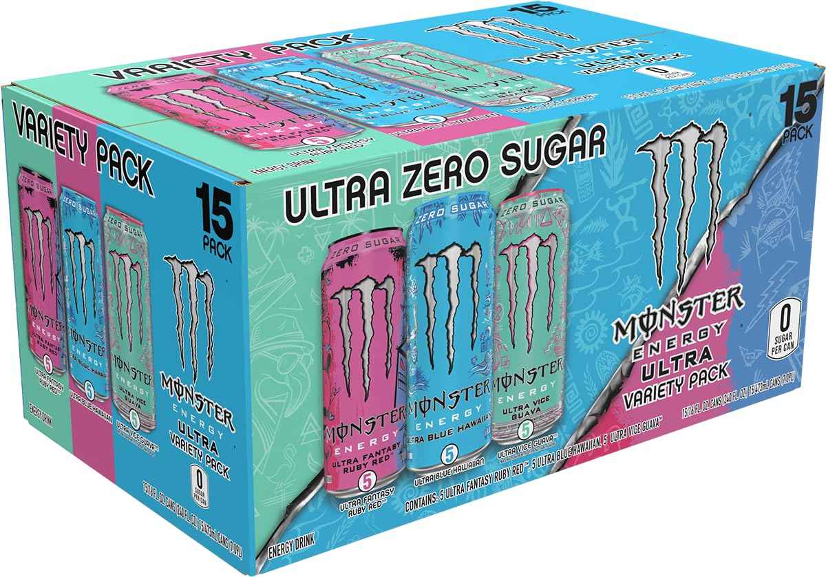 Monster Energy Ultra Variety Pack, Blue Hawaiian, Vice Guava, Fantasy Ruby Red, Sugar Free Energy Drink, 16 Ounce Can (Pack of 15)