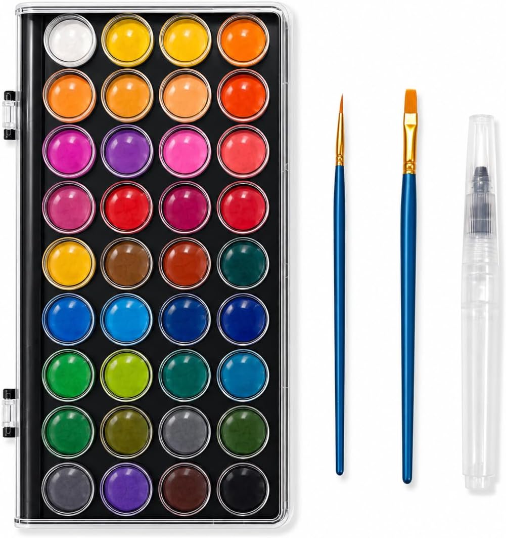 36 Colors Washable Watercolor Paint Set, with 3 Brushes Pen