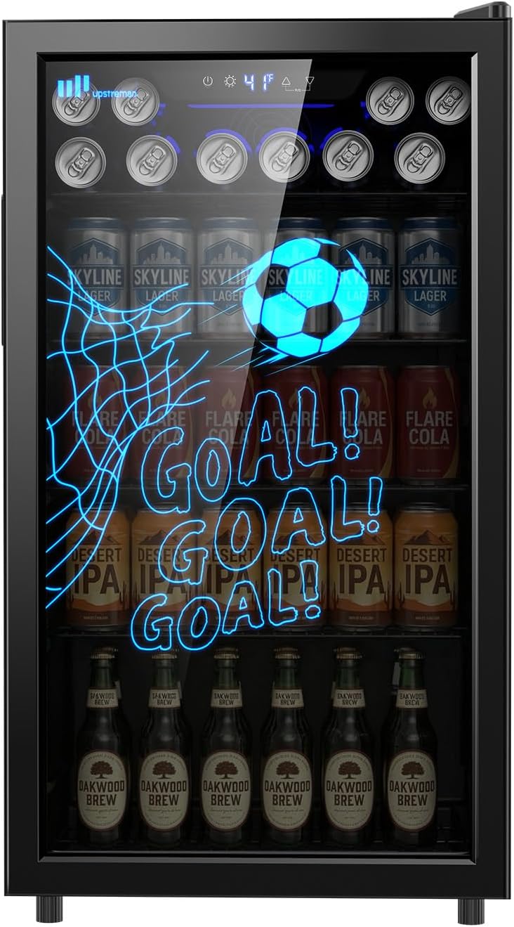 Upstreman 3.2 Cu.Ft Beverage Refrigerator Cooler, 126 Can Mini Fridge with Glass Door for Drink Beer Wine Soda, Digital Temperature Control Drink Fridge for Bedroom Office Bar Dorm-B126-F