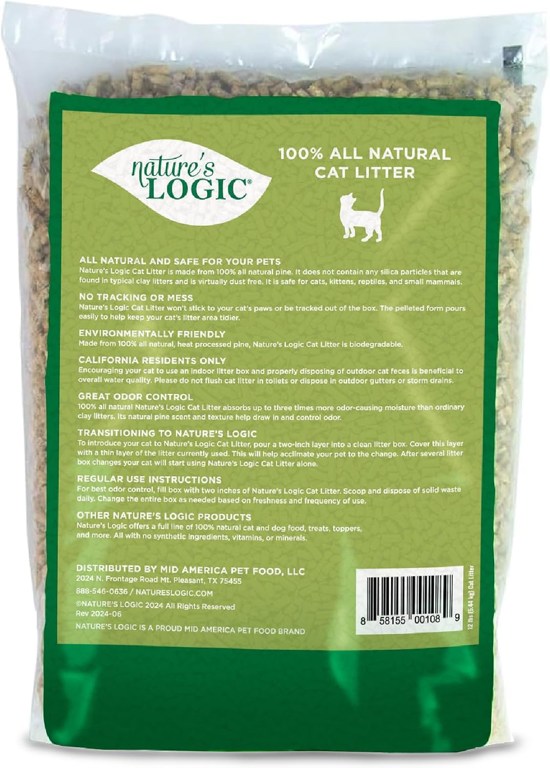 NATURE'S LOGIC Pine Pellet Cat Litter - 100% Natural - Unscented, 12 lb