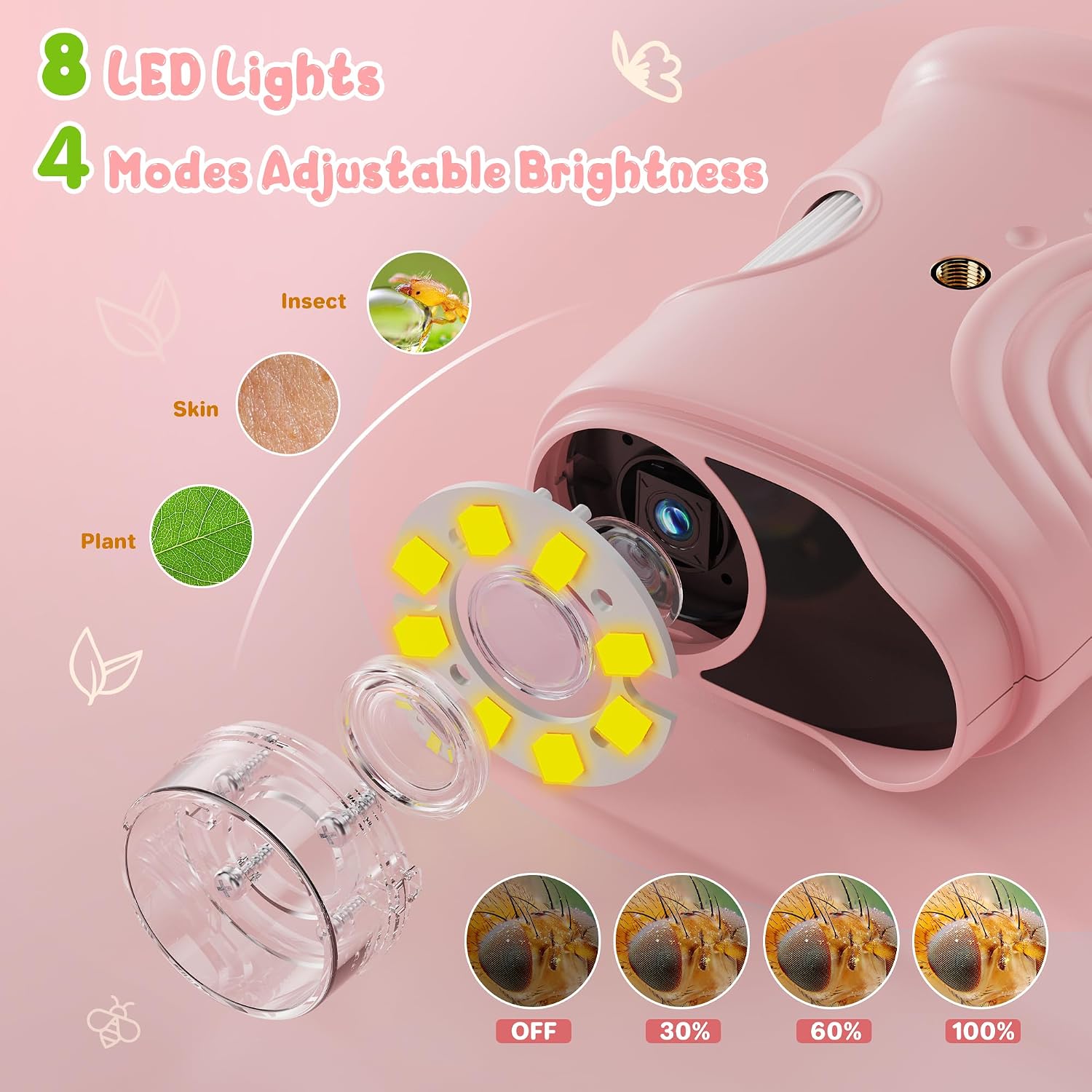 1000X Handheld Digital Microscope for Kids: Pocket Microscope with 2.0" IPS Screen - STEM Toys Birthday Gifts for Girls Boys - Portable Edu Science Kits Toddler Age 3-6 6-12 Pink