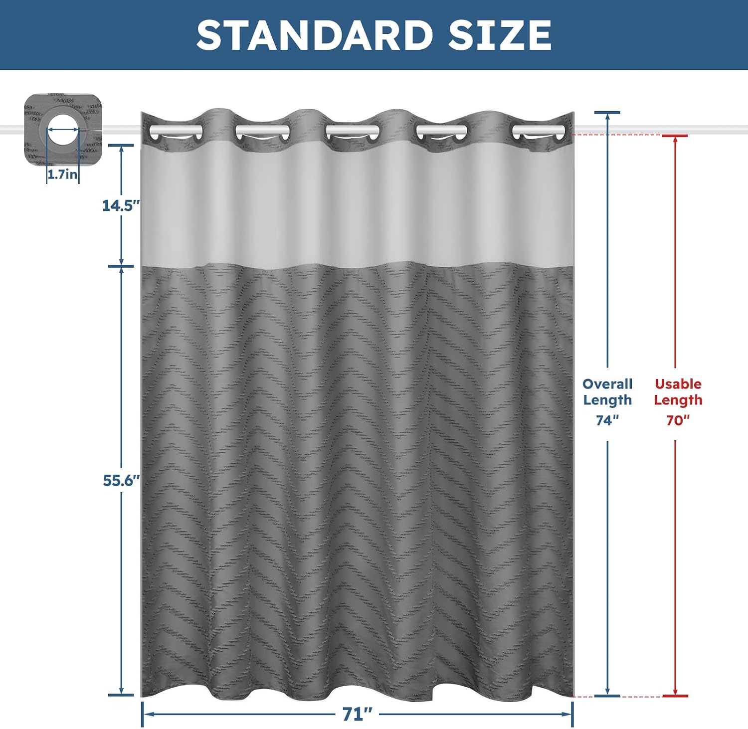 FADOTY Grey No Hook Shower Curtain Set with Snap in Liner, 71'' x 74''