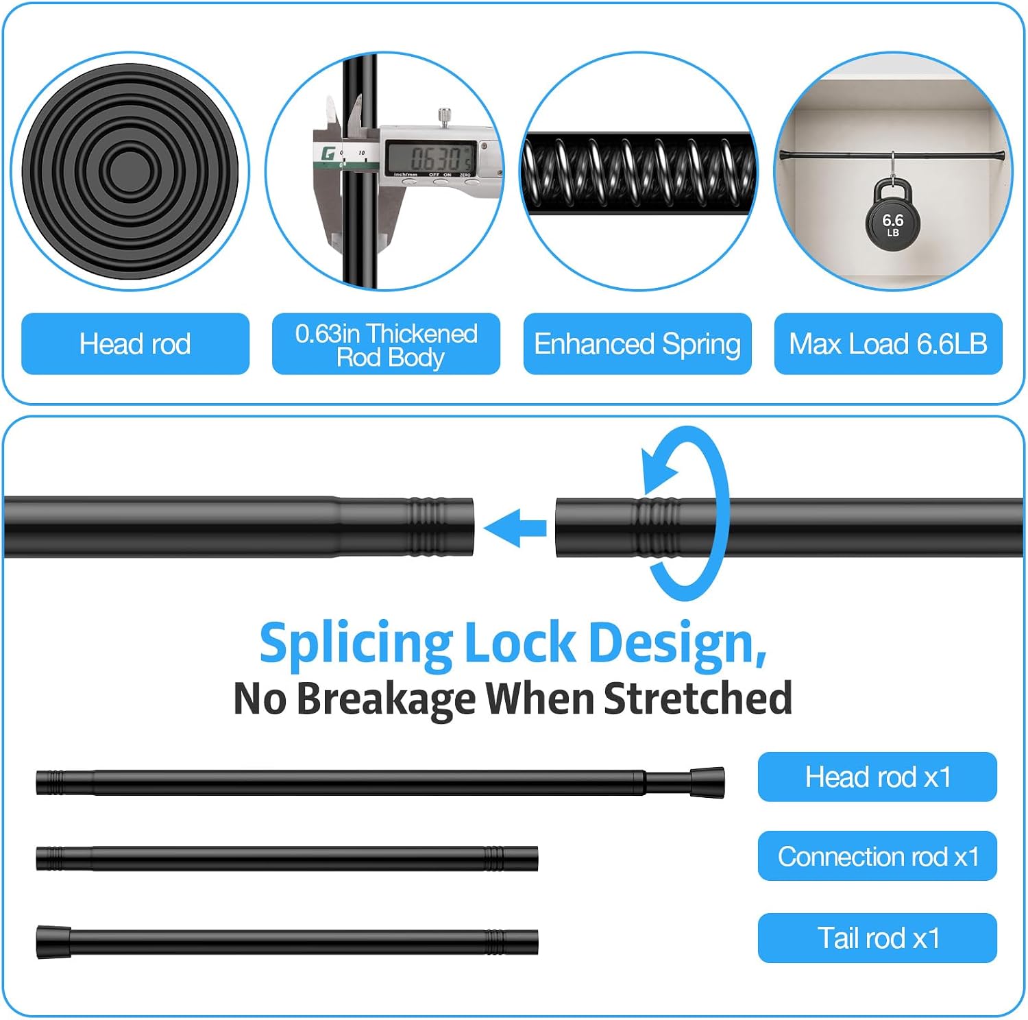 2 Pack Spring Tension Rod, Adjustable 28-45 Inch No Drill, Black