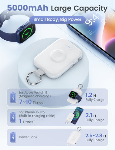 RORRY Portable Charger, 5000mAh Portable Charger Power Bank with Built-in Cables, Travel Keychain Battery Pack for Apple Watch Ultra 2/9/8/Ultra/7/6/SE/5, iPhone 16/15/14/13/12, White