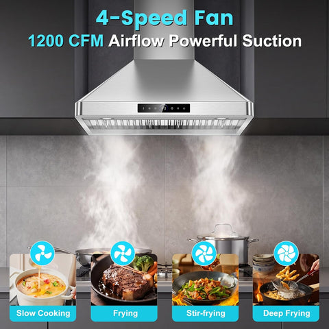 30 inch Wall Mount Range Hood, 1200 CFM Gesture Touch Stainless Steel Hood