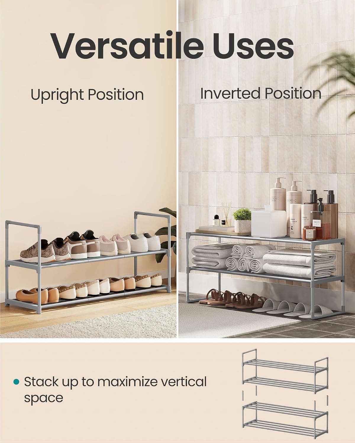 SONGMICS Shoe Rack, 2-Tier Shoe Organizer, Metal Storage Shelf