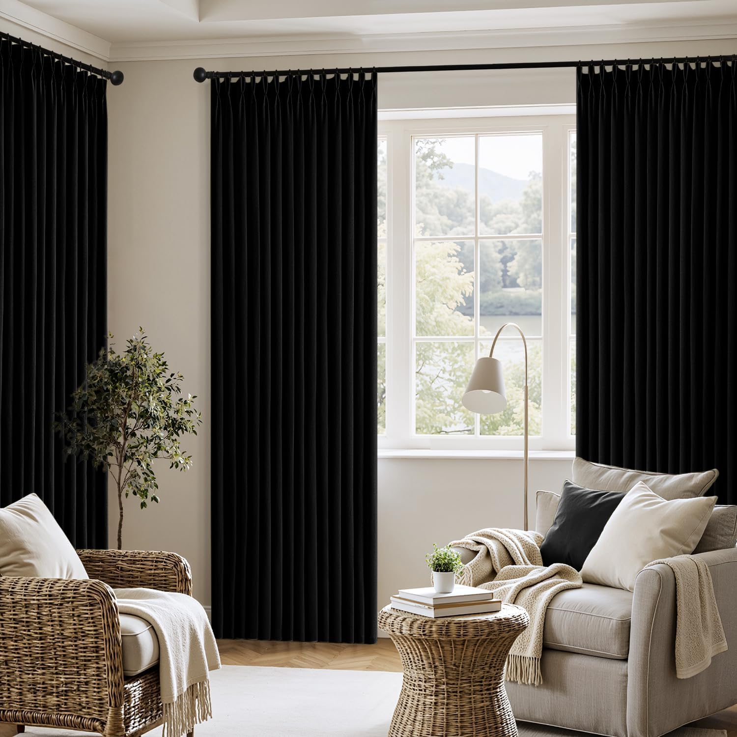 MIULEE Pinch Pleated Thick Linen Curtains 40x102 Inch Black 4 Panels Set