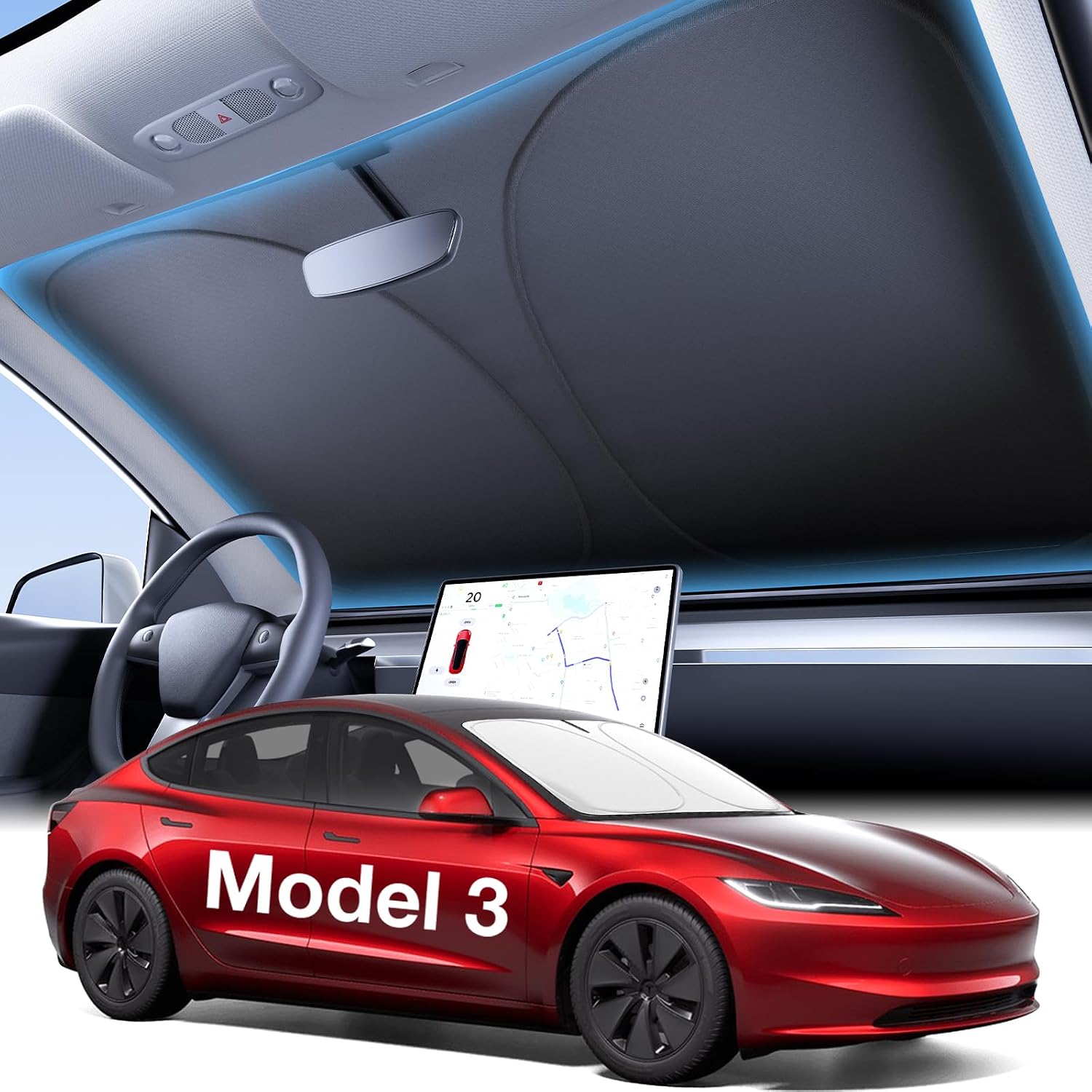Wigoo for Tesla Model 3 Windshield Sunshade, OEM Design, 100% Sun Block