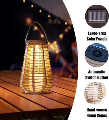 Hanging Solar Lanterns Outdoor Waterproof, Hand-Woven Hemp Rope,10x5.5 Inch