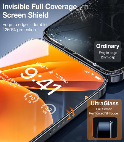 UltraGlass 9H+ Glass for iPhone 15 Pro Max Screen Protector [Military Grade Shatterproof & Longest Durable] Screen Protector 15 Pro Max Tempered Glass Full Coverage Protection, 2 Packs
