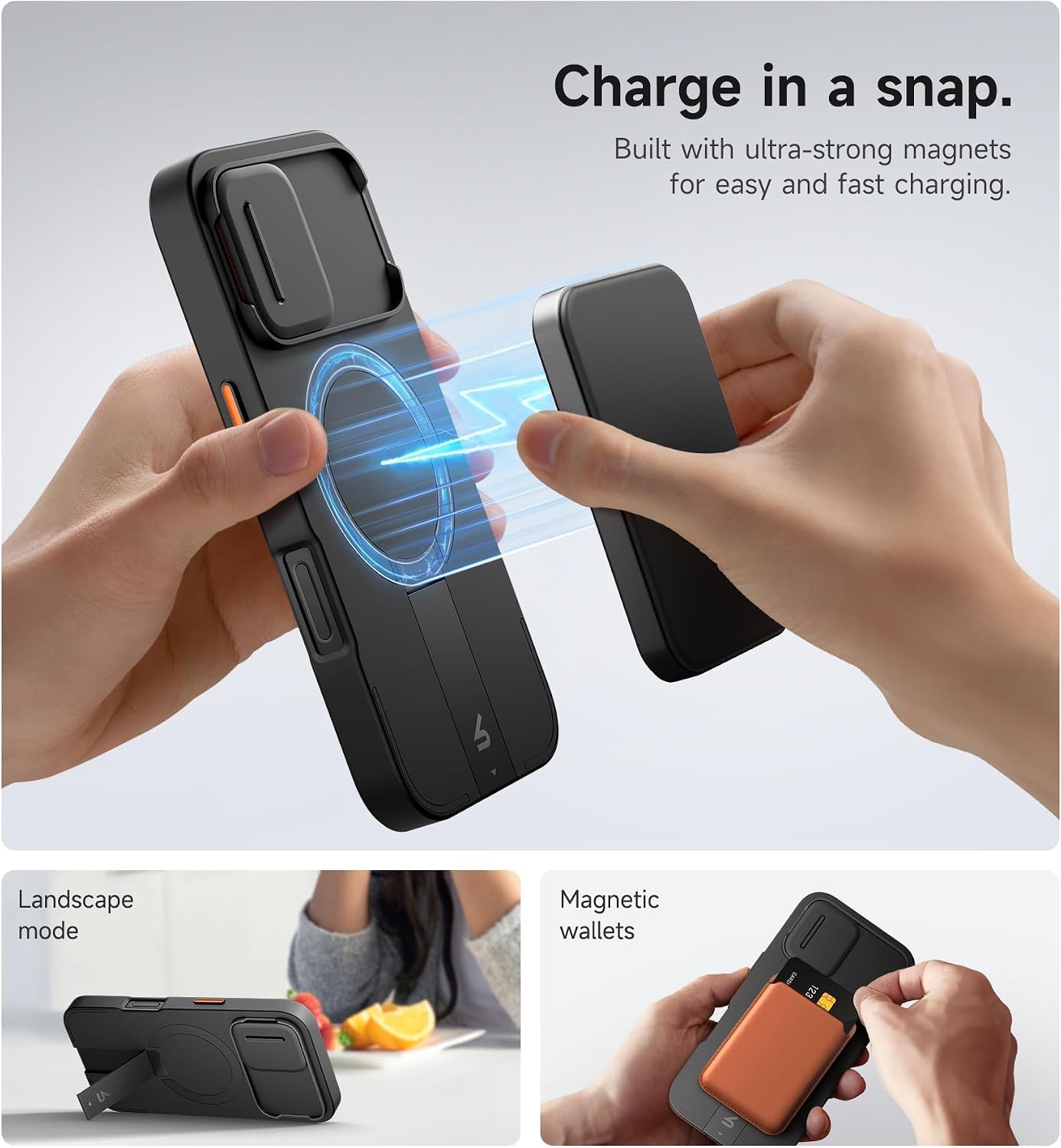 SURITCH for iPhone 16 Case with Magnetic Camera Slide Cover and Adjustable Kickstand, Compatible with MagSafe, Shockproof Bumper Case Slim Protective Cover 6.1 Inch, Black