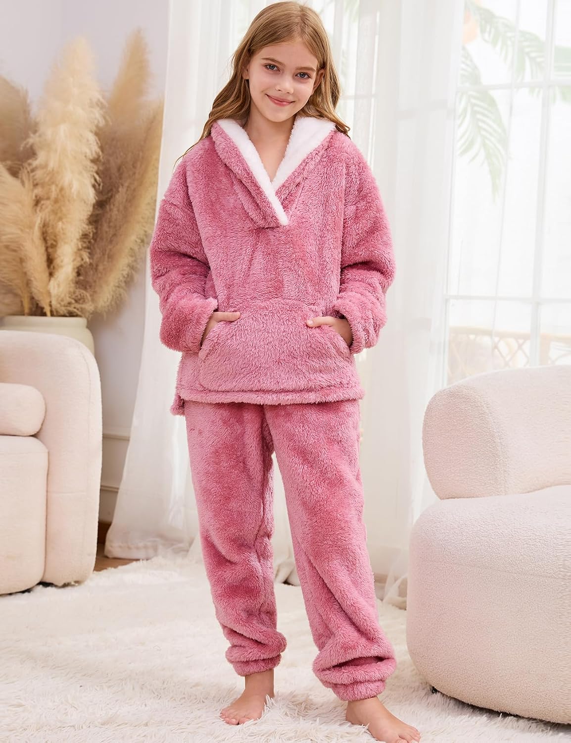 Flygo Girls Fuzzy Pants Set Fleece Outfits Winter Flannel Fluffy Pullover Sweatshirt Top Pants Sweatsuit