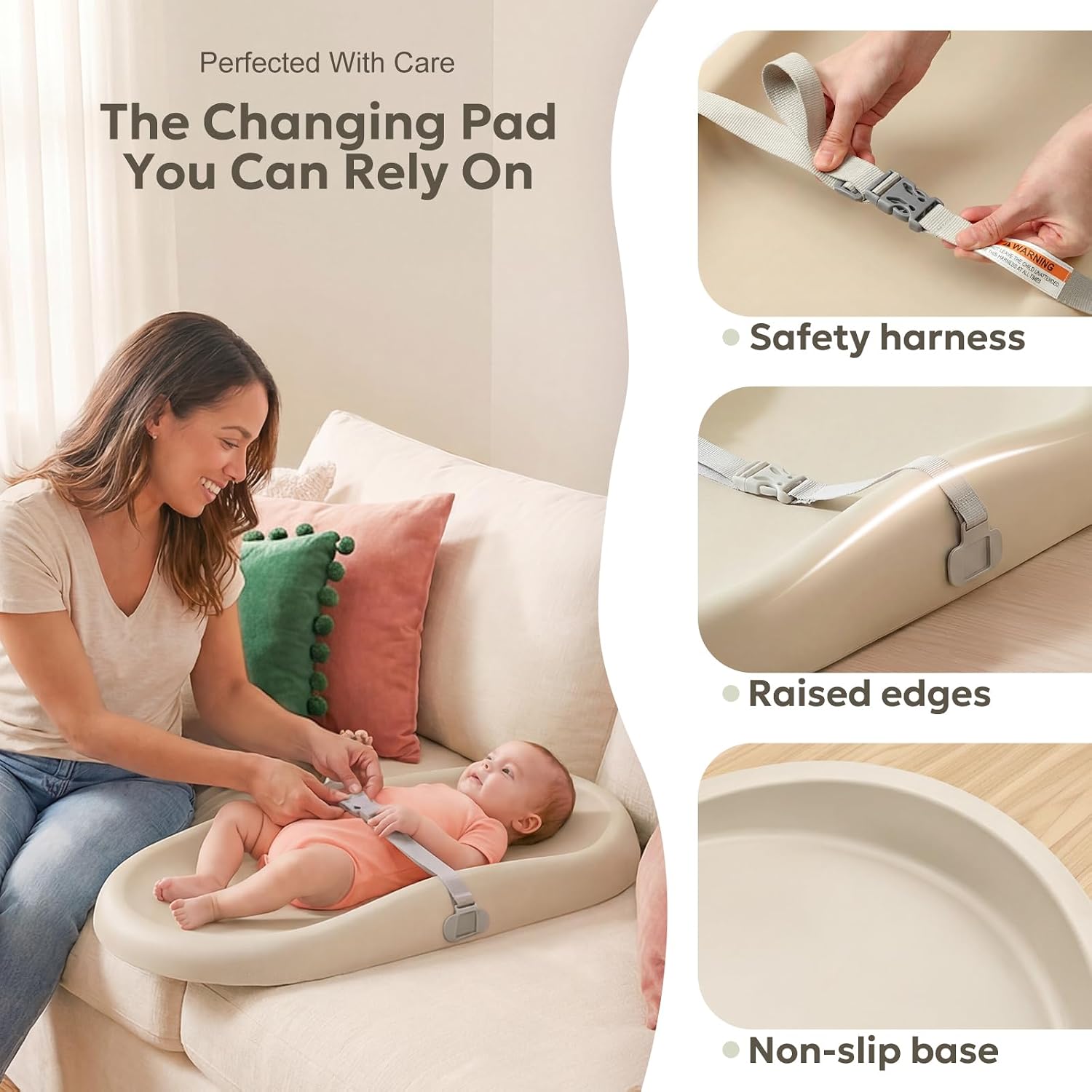 Mallify Baby Changing Pad with Waterproof and Non-Toxic Surface, Changing Table Pad with Adjustable Safety Belt, Easy-Clean & Portable Changing Pad for Dresser(Beige)