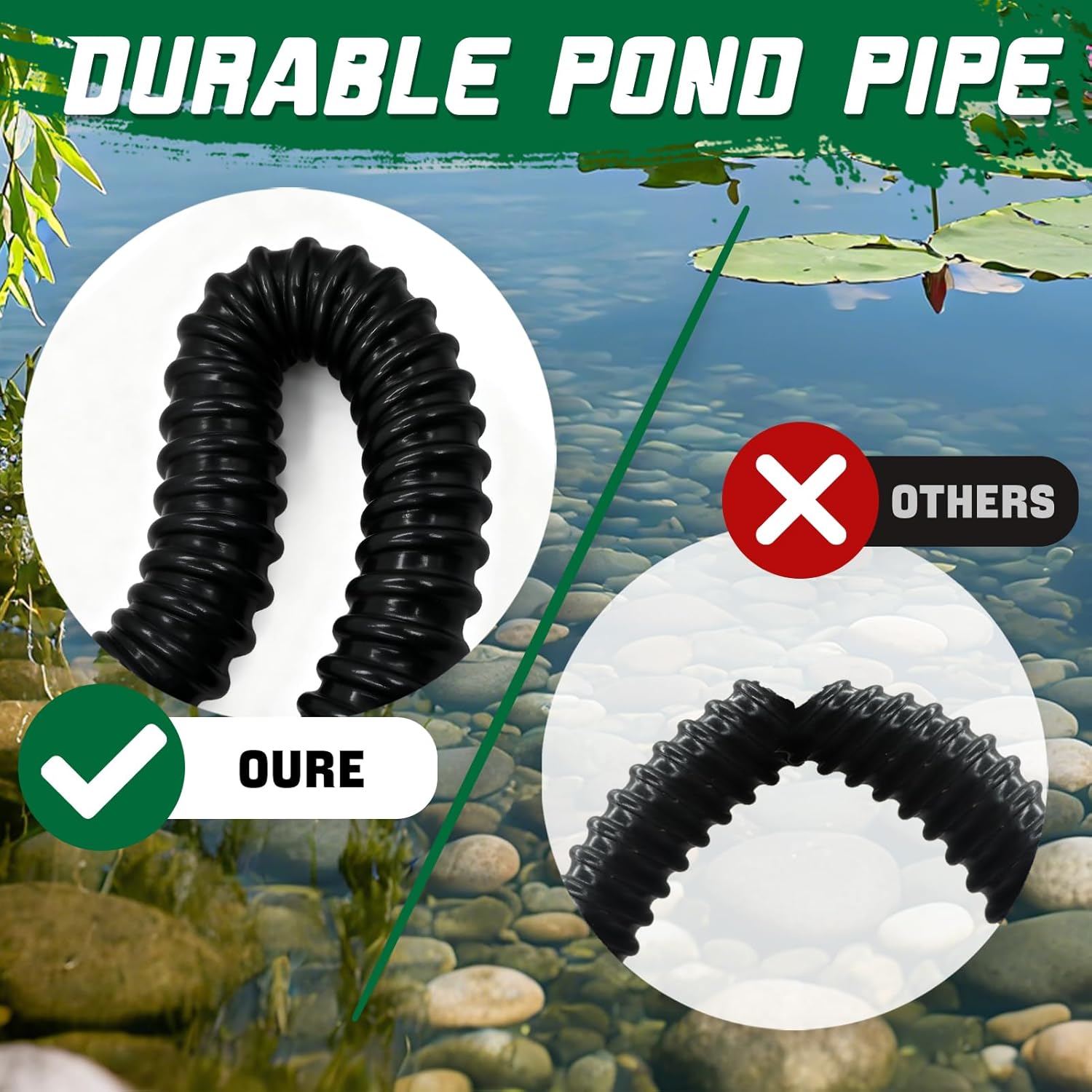 Pond Tubing 1-1/2” × 10 Feet Black Flexible PVC Pond Hose,Garden Pond PVC Tube - Reinforced, Kink-Resistant Tubing for Pumps, Fountains & Waterfalls, with 4 Clamps,1-1/2" Dia
