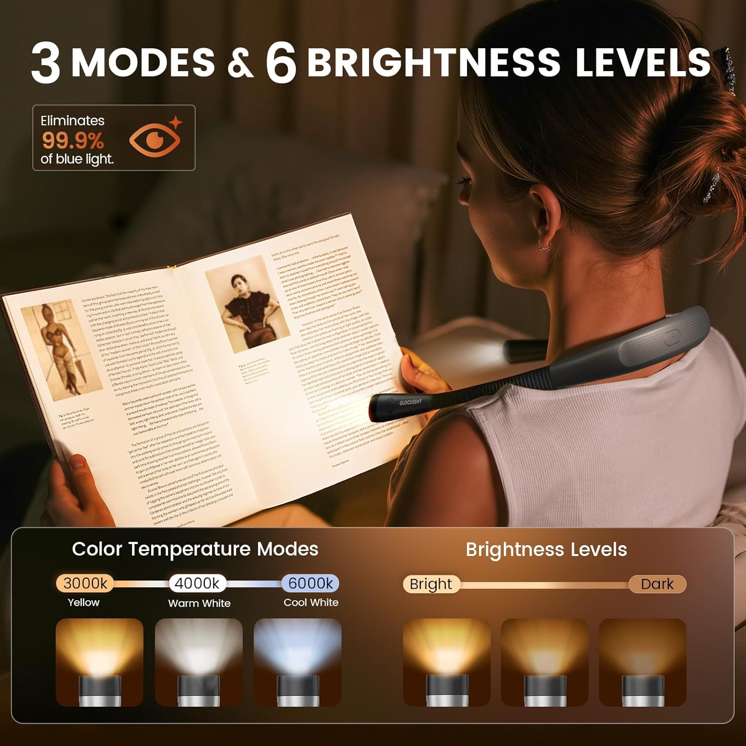 Glocusent Reading Light,Bendable Neck Light,80-hr Rechargeable Book Light