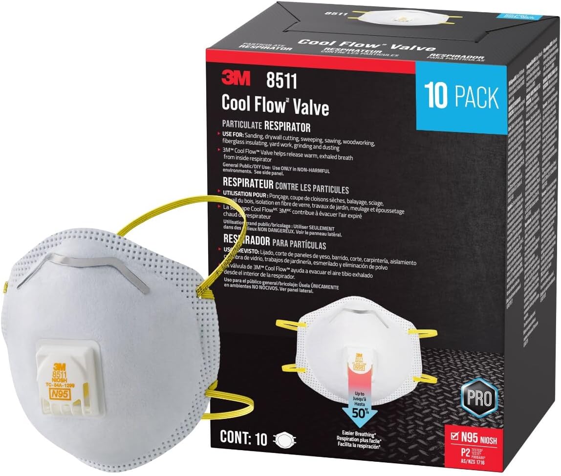 3M 8511 Drywall Sanding N95 Cool Flow Valved Disposable Respirator, 10-Pack