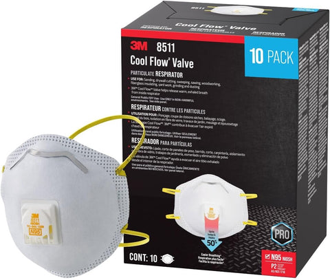 3M 8511 Drywall Sanding N95 Cool Flow Valved Disposable Respirator, 10-Pack
