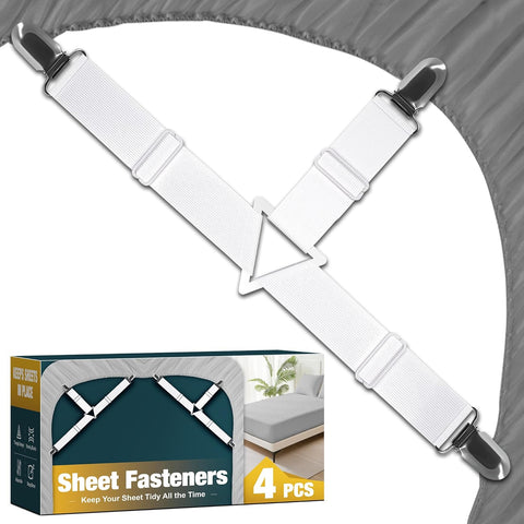 4 Pack Adjustable Elastic Straps with Metal Clips, Bed Sheet Fasteners, Bedding Suspenders for Mattress Covers, Bed Corner Holders and Keepers (White)