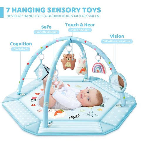 Baby Gym Play Mat, 8-in-1 Tummy Time Mat & Ball Pit with 6 Toys, Washable Baby Activity Mat for Visual, Hearing, Sensory, Motor Development, Baby Gift for Newborn Infant 0-3-6-9-12 Months (Blue)