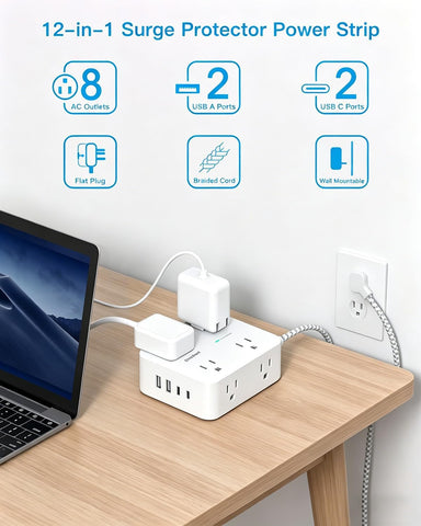 One Beat Flat Plug Surge Protector Power Strip, 6 Ft Flat Extension Cord