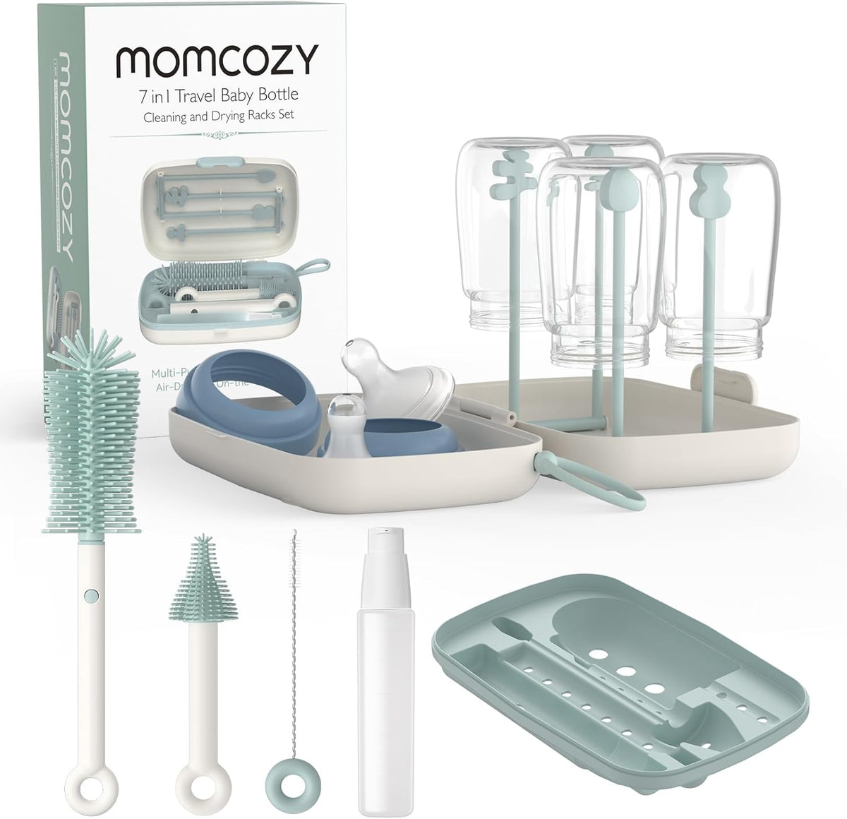 Momcozy 7-in-1 Baby Bottle Brush Set with Drying Rack, Green