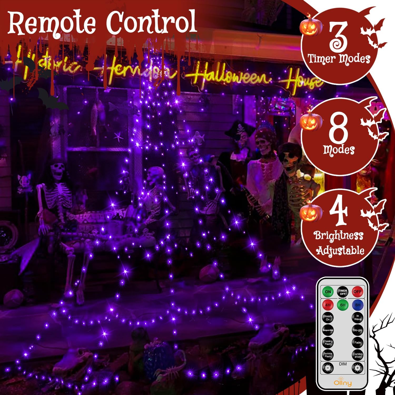 Ollny Halloween Lights Outdoor 454 LED Spider Web Lights Purple 17.4FT Tall