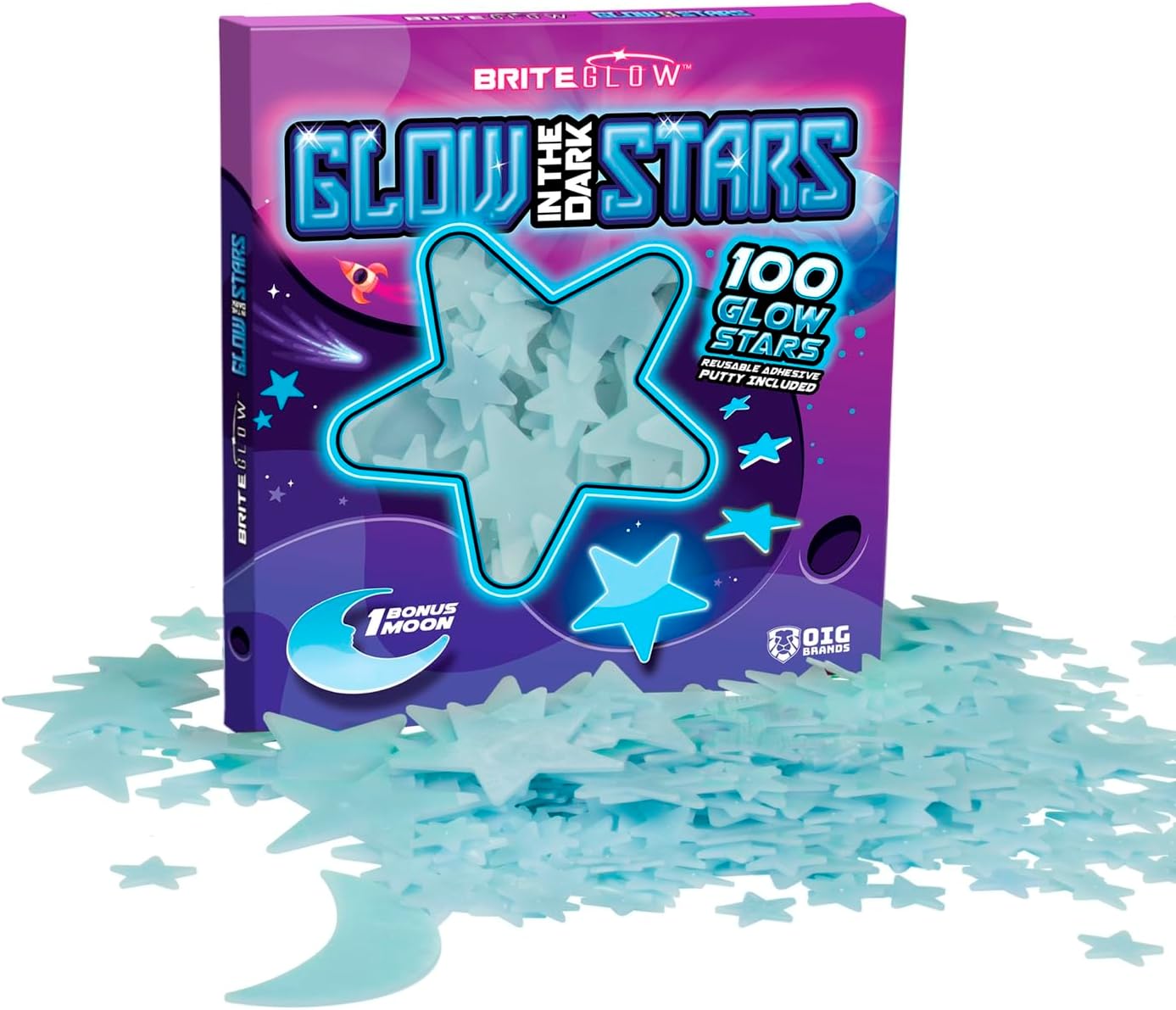 100PK Pink Glow in The Dark Stars for Ceiling Easter Basket Stuffers for Kids - Star Brite Plastic Glow Stars with Moon & Putty Ages 4,5,6,7,8,9,10,11,12 for Bedroom Space Night Light Room Non-Toxic