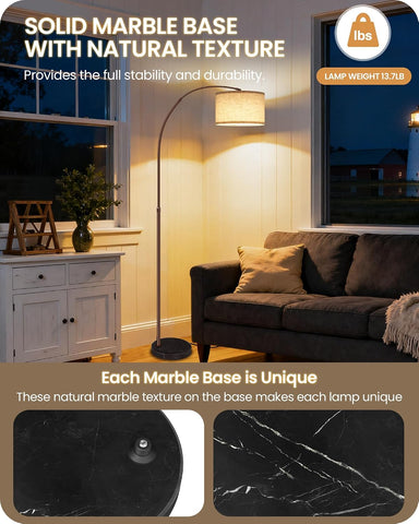 75" Dimmable Brown Arc Floor Lamp with Marble Base, Adjustable Height,Beige