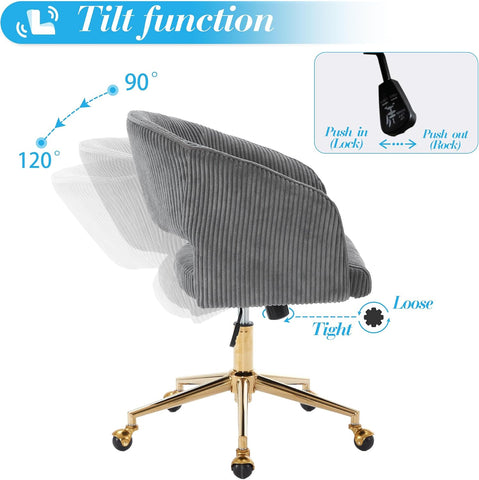 KCC Vanity Chair Corduroy Desk Chair with Gold Base for Living Room,Gray