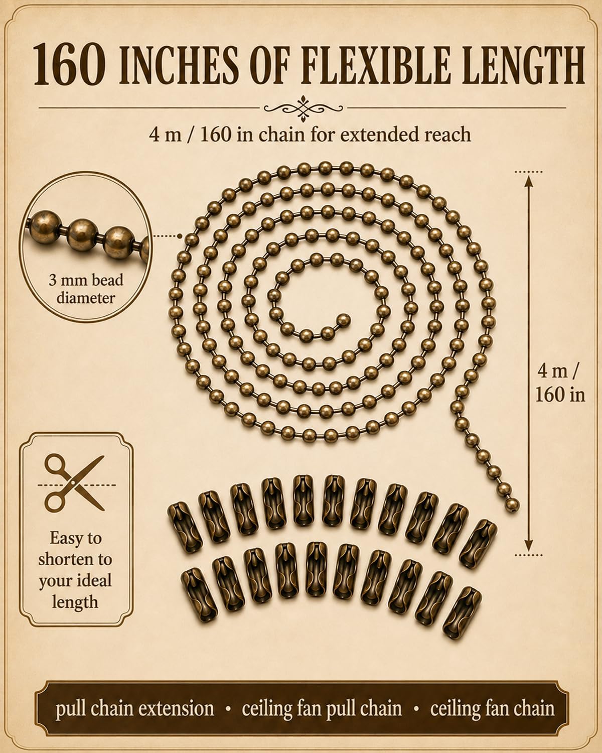 Ceiling Fan Pull Chain, 160 In Bronze Finish Ball Chain With 20 Connetors, Adjustable Length Ceiling Fan Chain, Fan Pull Chain Set For Ceiling Light Lamp Chain 3mm Bead Diameter