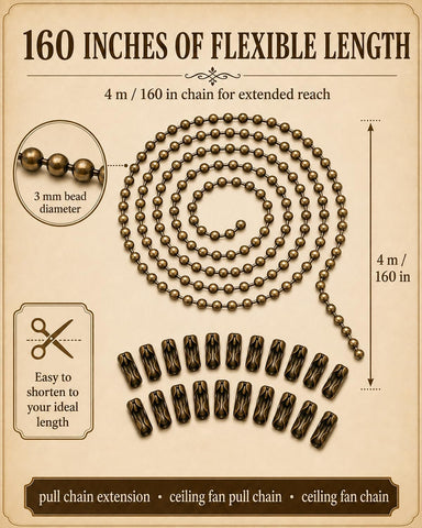 Ceiling Fan Pull Chain, 160 In Bronze Finish Ball Chain With 20 Connetors, Adjustable Length Ceiling Fan Chain, Fan Pull Chain Set For Ceiling Light Lamp Chain 3mm Bead Diameter