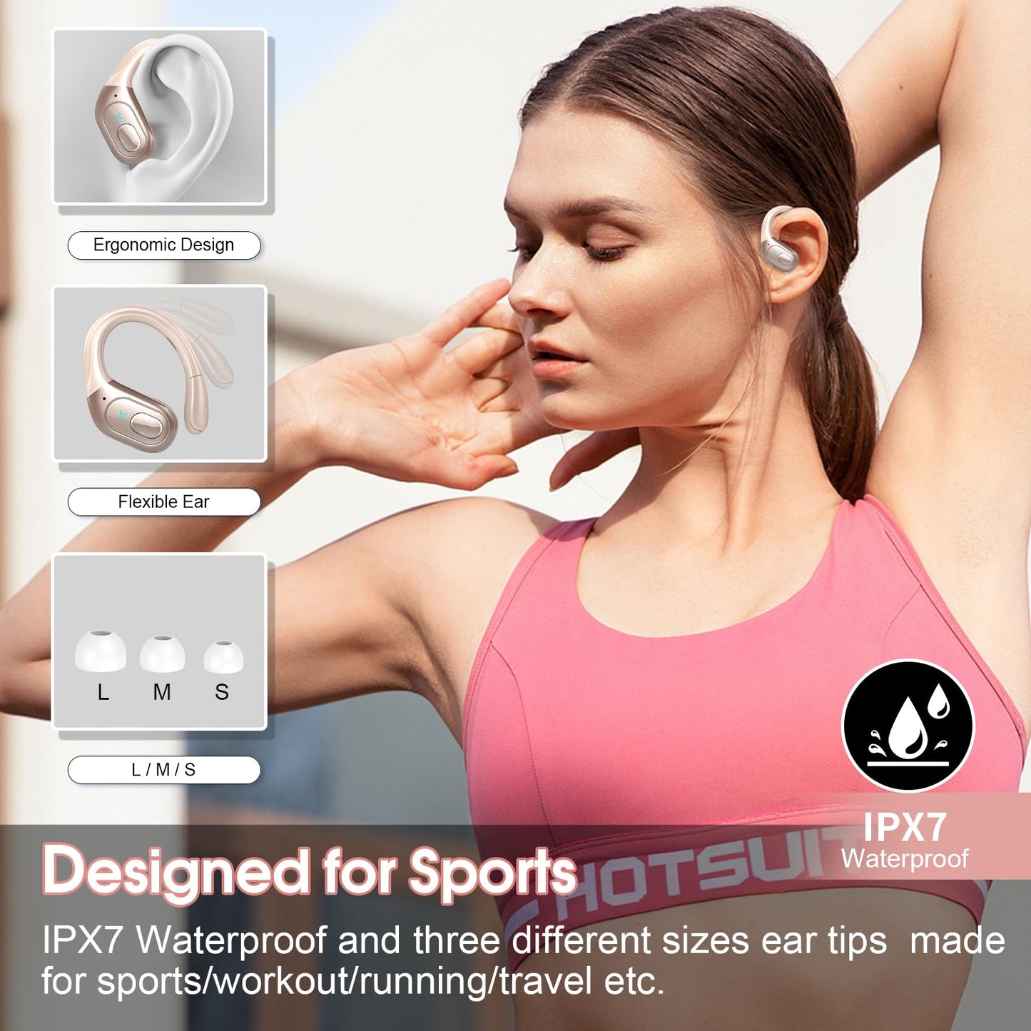 Aptkdoe Wireless Earbuds 75hrs Bluetooth 5.3 Headphone Sport, 2024 Bluetooth Earbuds Stereo Deep Bass Over Ear Bud with Earhooks, ENC Noise Cancelling Mic, IPX7 Waterproof Earphone Rose Gold