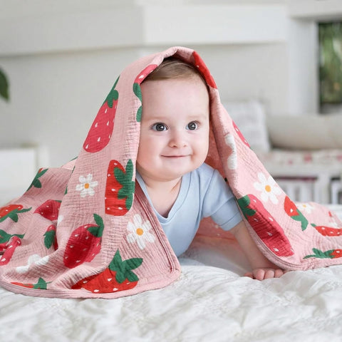 Breling Pink Strawberry Muslin Baby Blanket for Girl Boy 40x36 Inch
