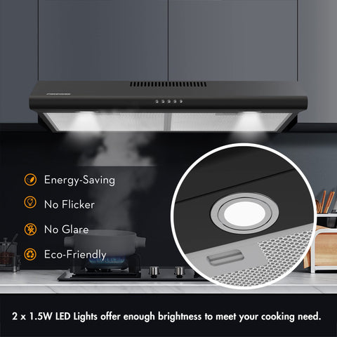 FIREGAS Black Under Cabinet Range Hood 30 inch, Slim Kitchen Over Stove Vent Hood, LED Light, 3 Speed Exhaust Fan, Push Button, Under Cabinet Mount 30 inch Range Hood,with Charcoal Filter