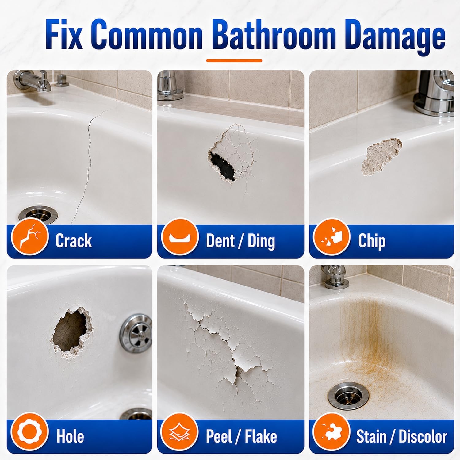 Tub Repair Kit White, Bathtub Repair Kit for Enamel, Fiberglass, Acrylic