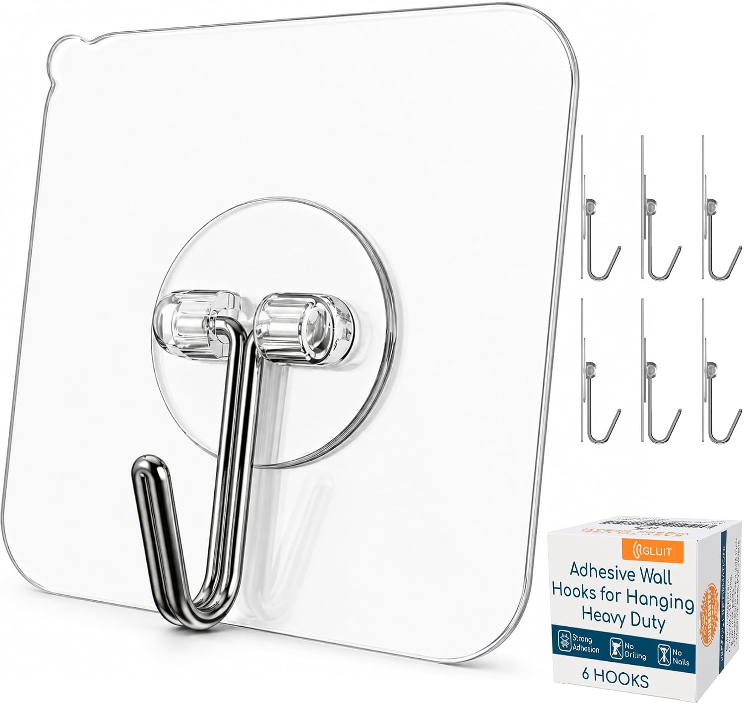 GLUIT Adhesive Wall Hooks for Hanging Heavy Duty No Drill, 22 lbs, 6 pcs