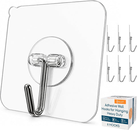 GLUIT Adhesive Wall Hooks for Hanging Heavy Duty No Drill, 22 lbs, 6 pcs