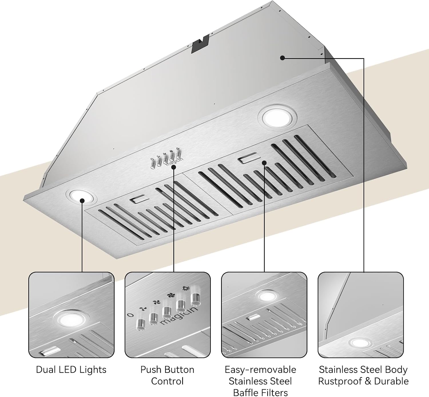 Built-in/Insert Range Hood 30″ 600 CFM Ducted/Ductless Convertible