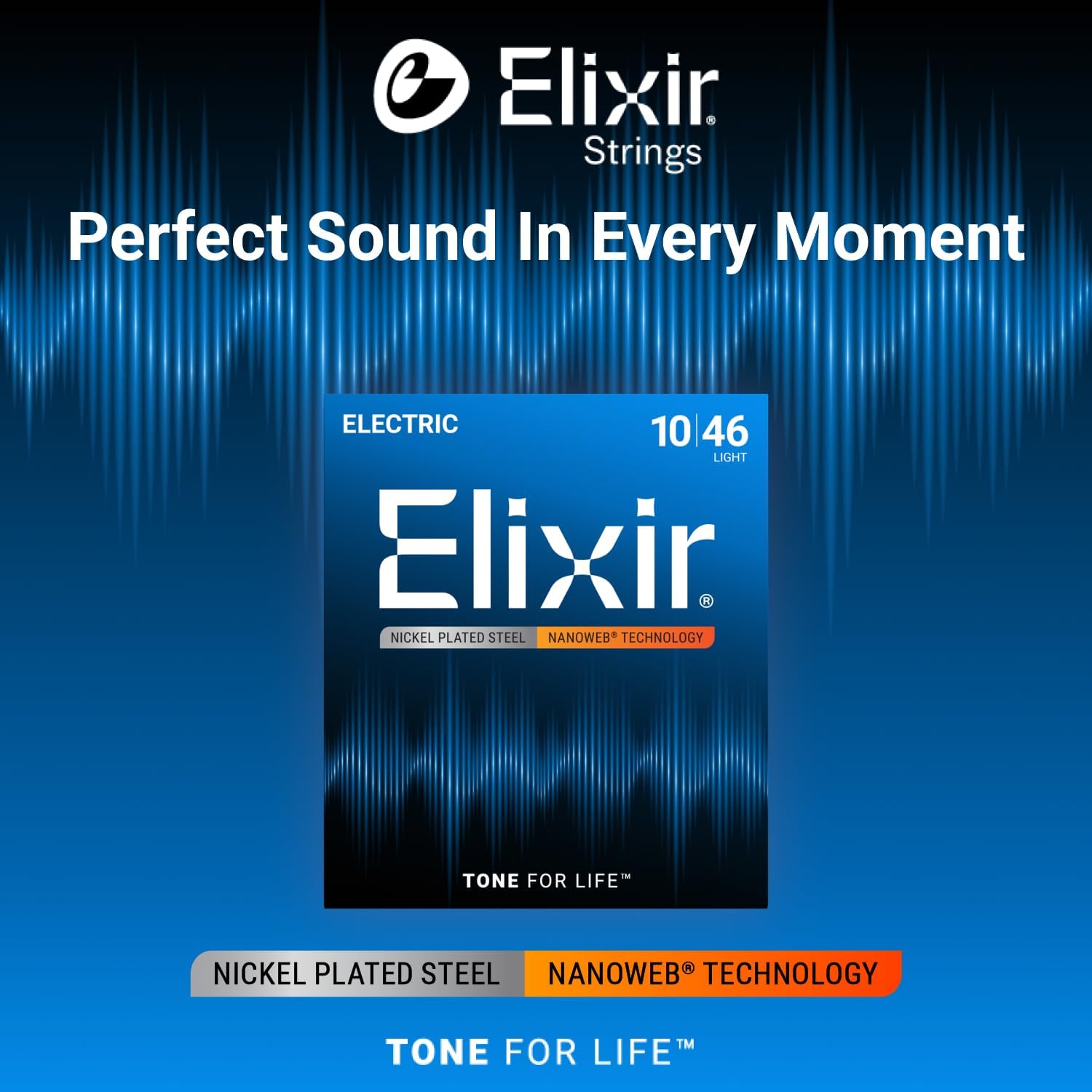 Elixir Strings, Electric Guitar Strings, Nickel Plated Steel with NANOWEB Technology, Longest-Lasting Bright Tone with Comfortable Feel, 6 String Set, Light 10-46