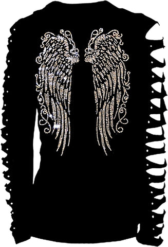 Long Angel Wings Bling Rhinestones T-Shirt Ripped Cut Out, Sassy Classy Cute Sexy Graphic Long